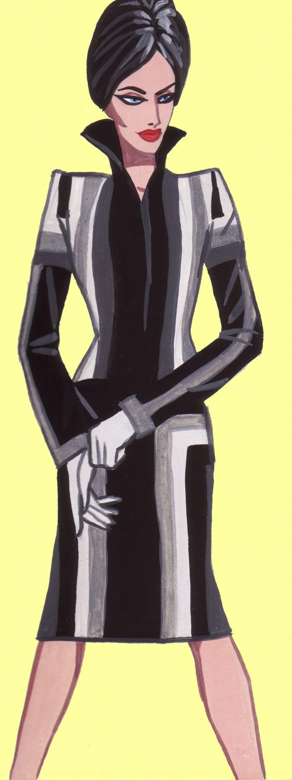 Illustration eines models in Etuikleid mit Turban in schwarz weiss und grau fashionweek painting gouache