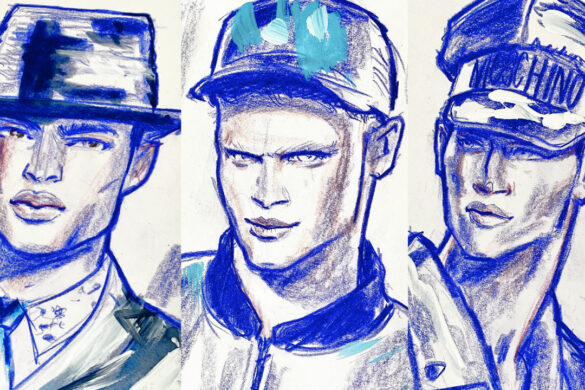 fashion illustration portraits of three different men in purple drawing lines
