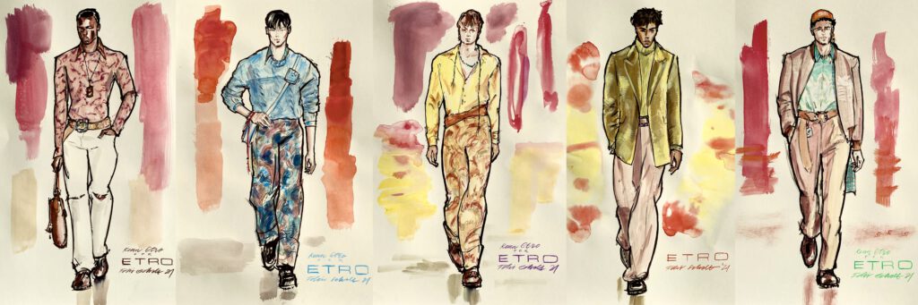 mode illustration von fünf männlichen models auf dem Laufsteg