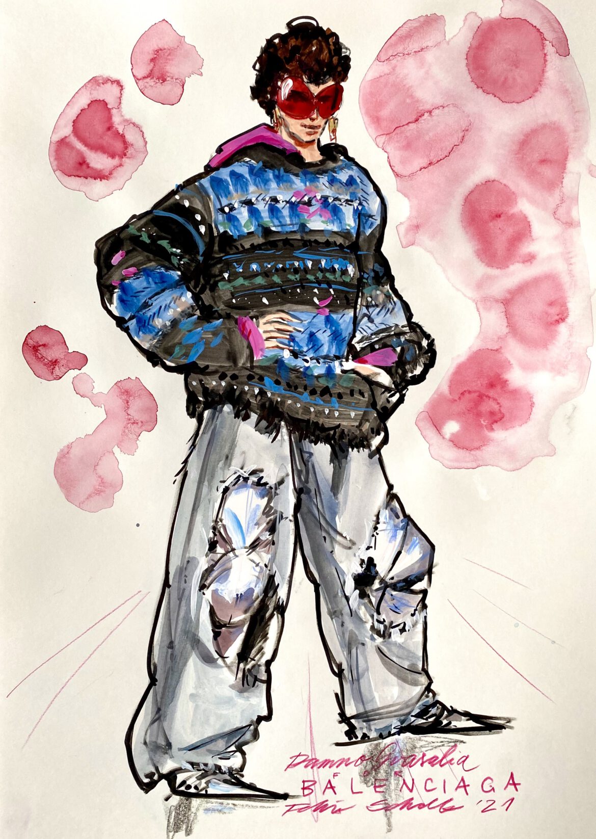 Fashion illustration of a man in wide ripped jeans and a knitted sweater