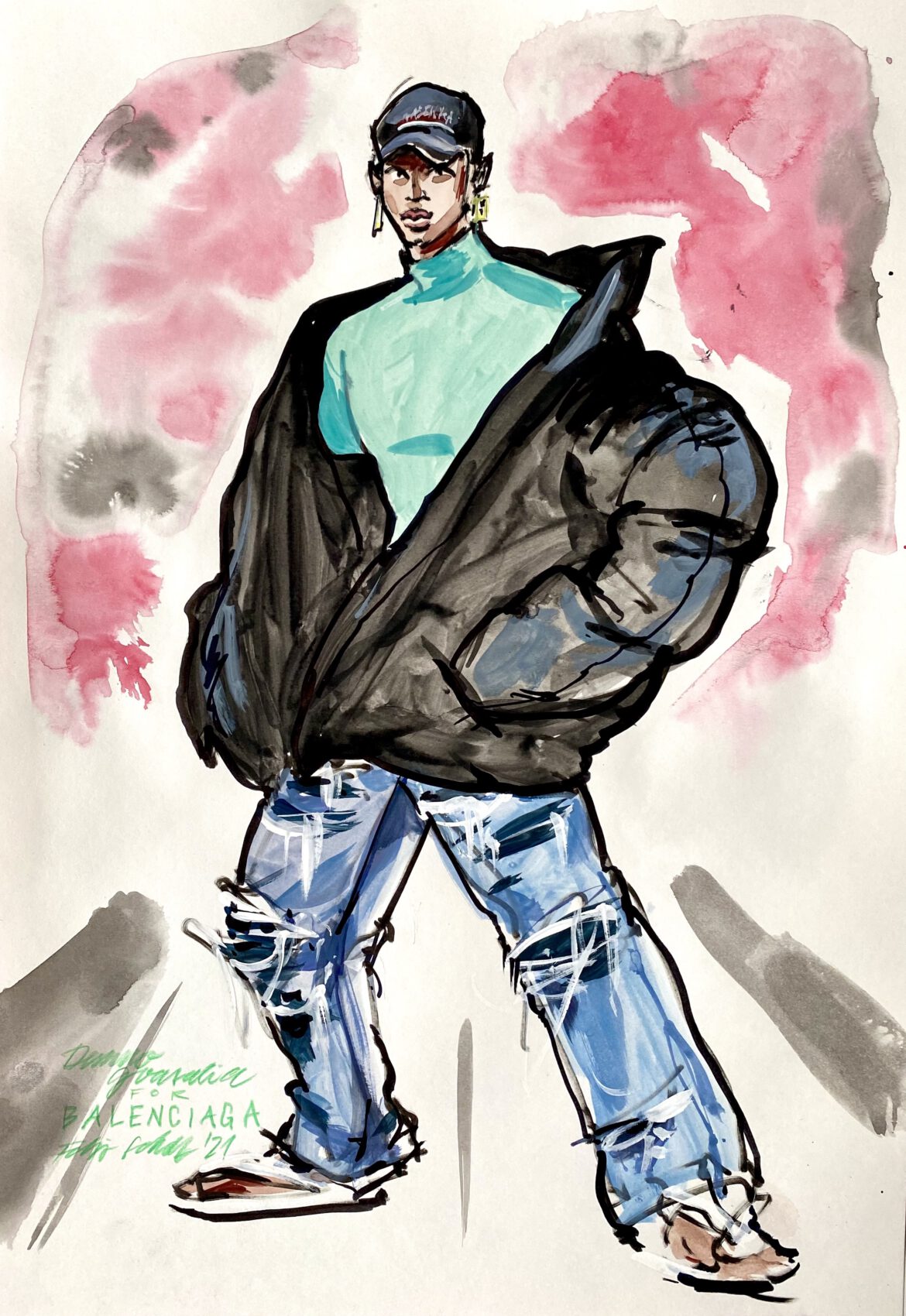 Fashion illustration of a man in ripped jeans and a big parka