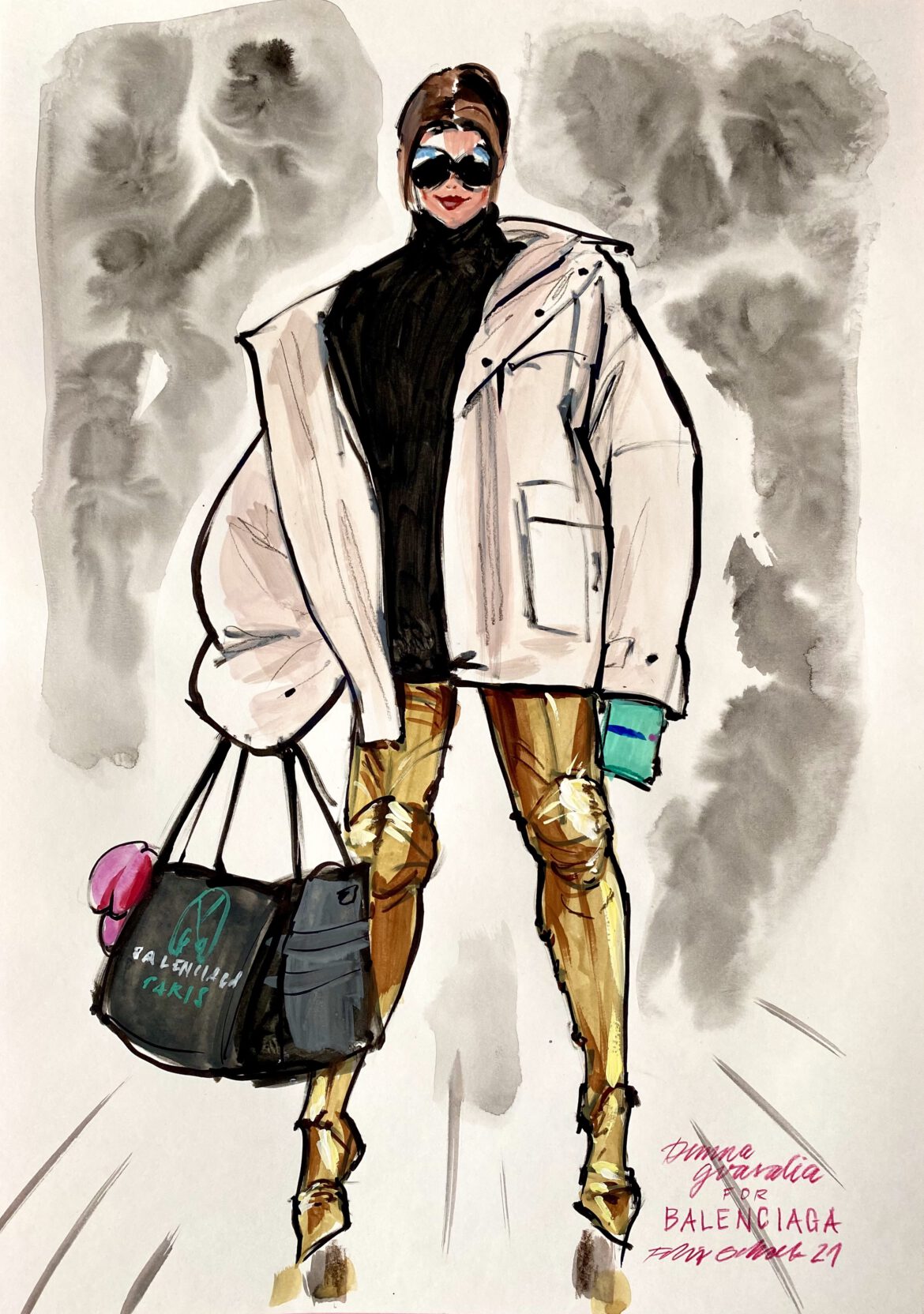 Fashion illustration of a woman in golden knights armor and a thick white jacket