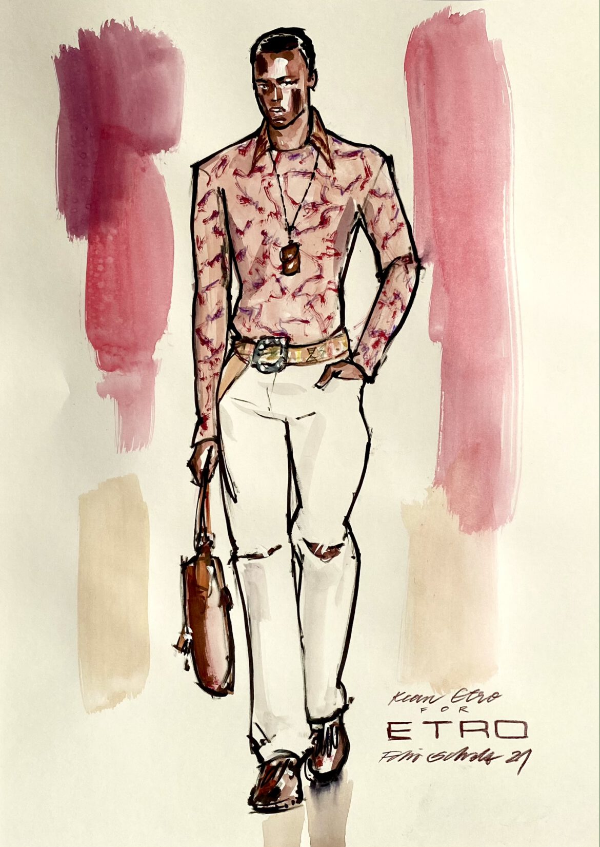 Modeillustration eines männlichen models mit weissen Hosen