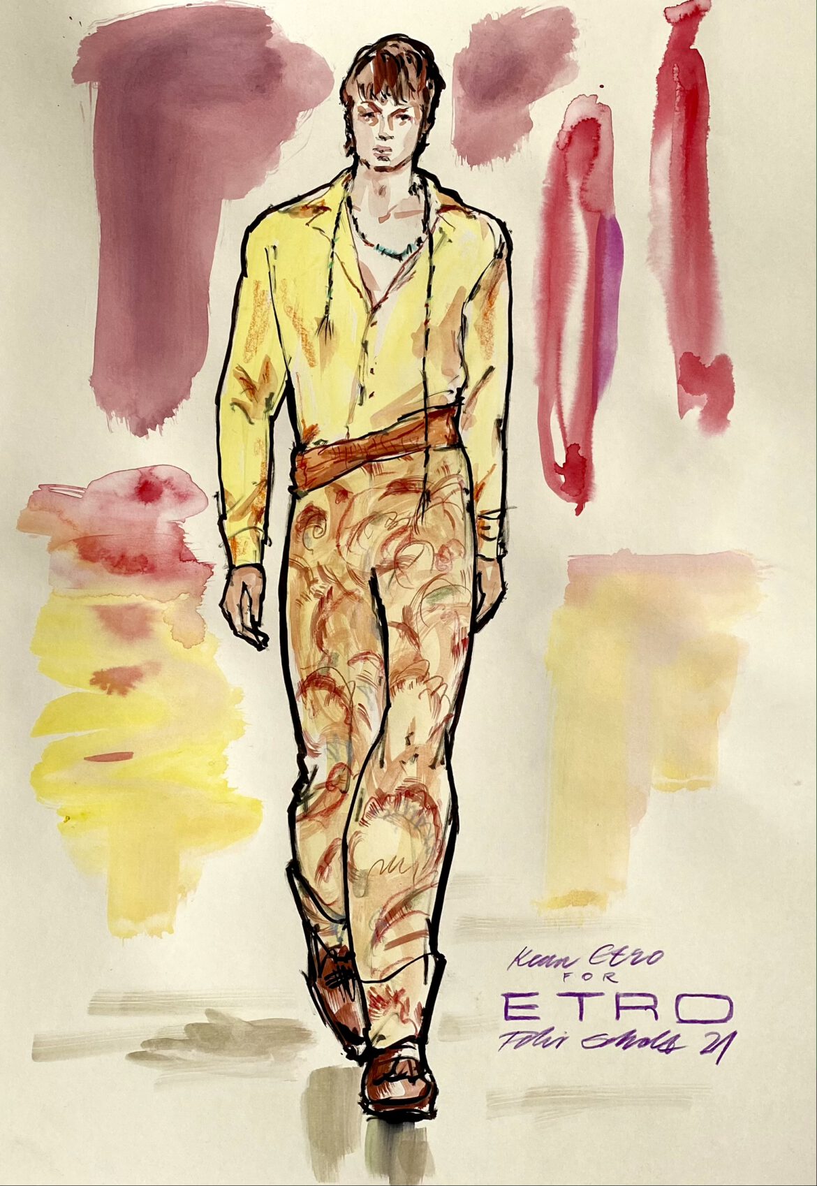 Modeillustration eines männlichen models mit orange gelben hosen