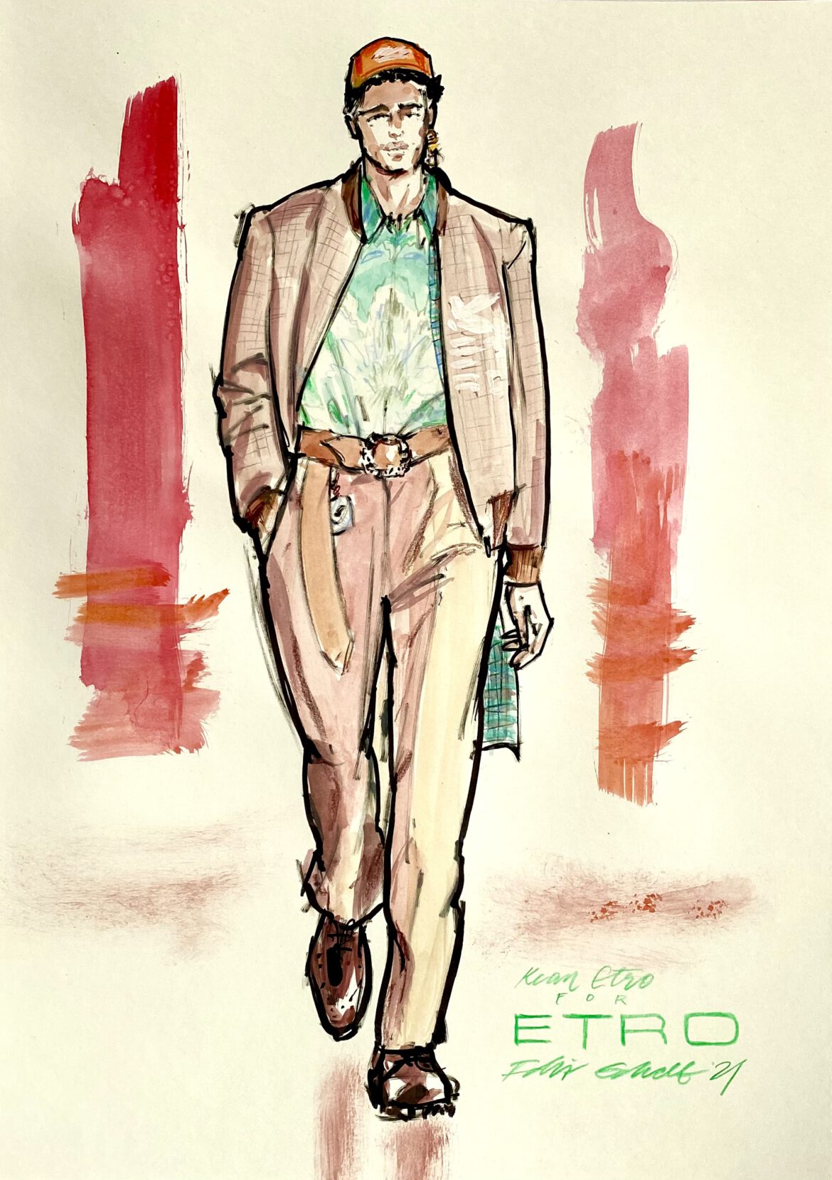 Modeillustration eines männlichen models mit mauvefarbenem Anzug
