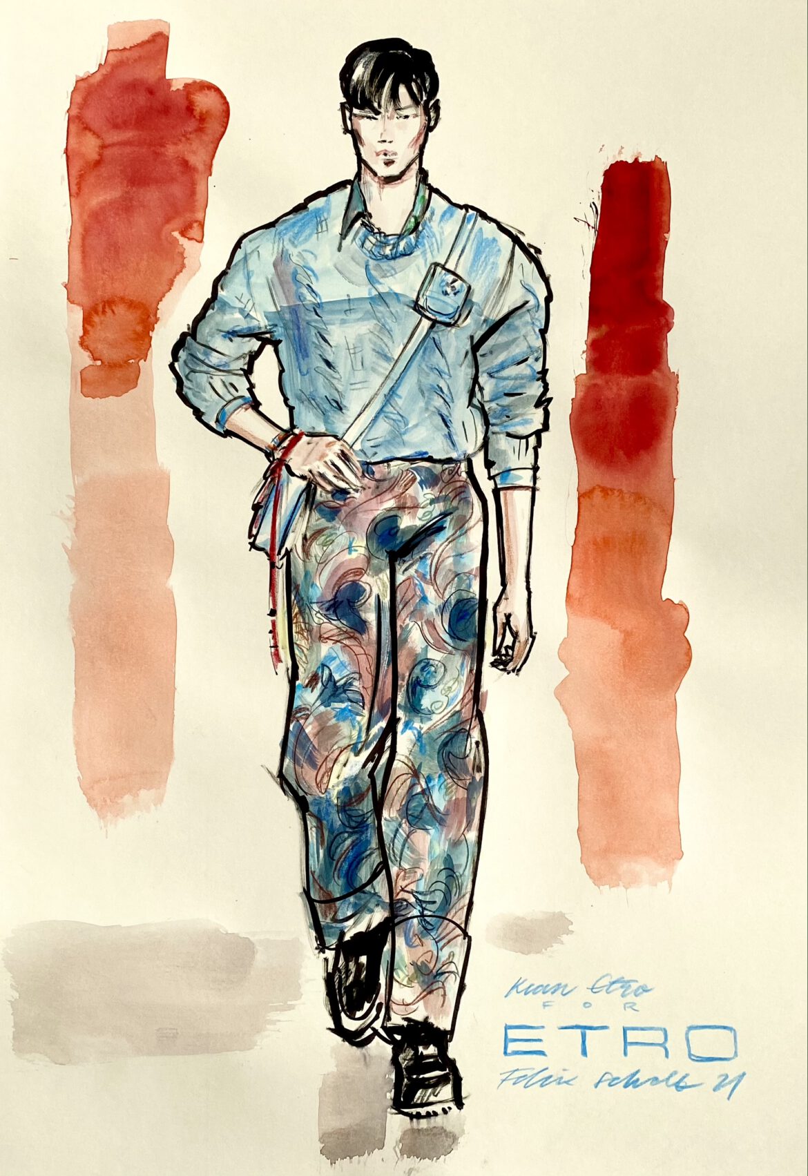 Modeillustration eines männlichen models mit hellblauem Strickpullover