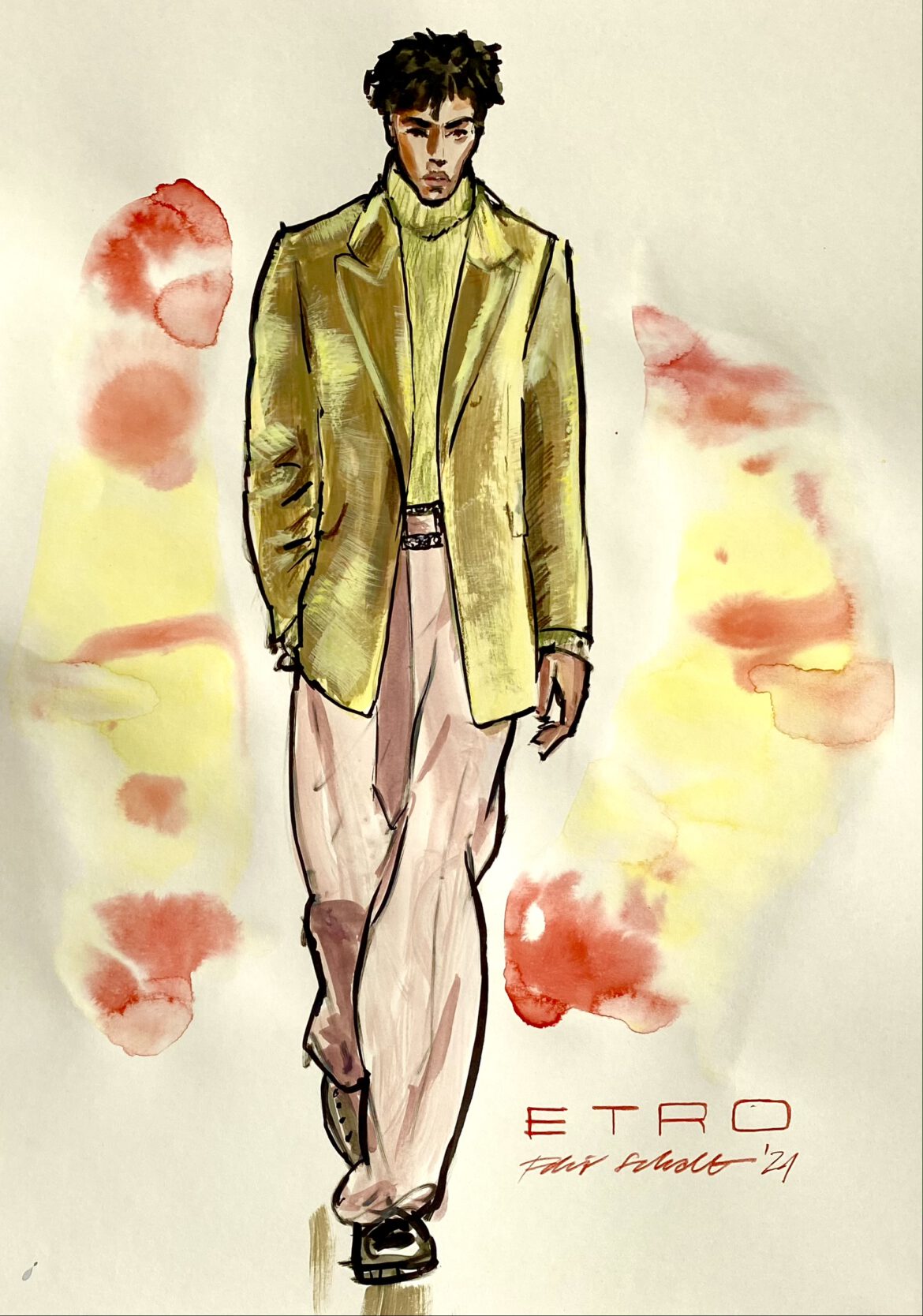 Modeillustration eines männlichen models mit goldgelbem samtjacket