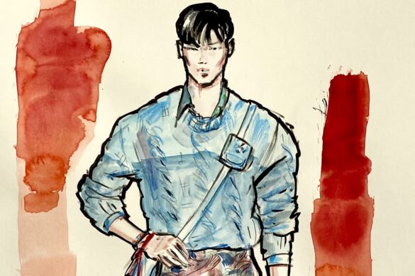 mode illustration eines männlichen models in einem hellblauen Strickpullover
