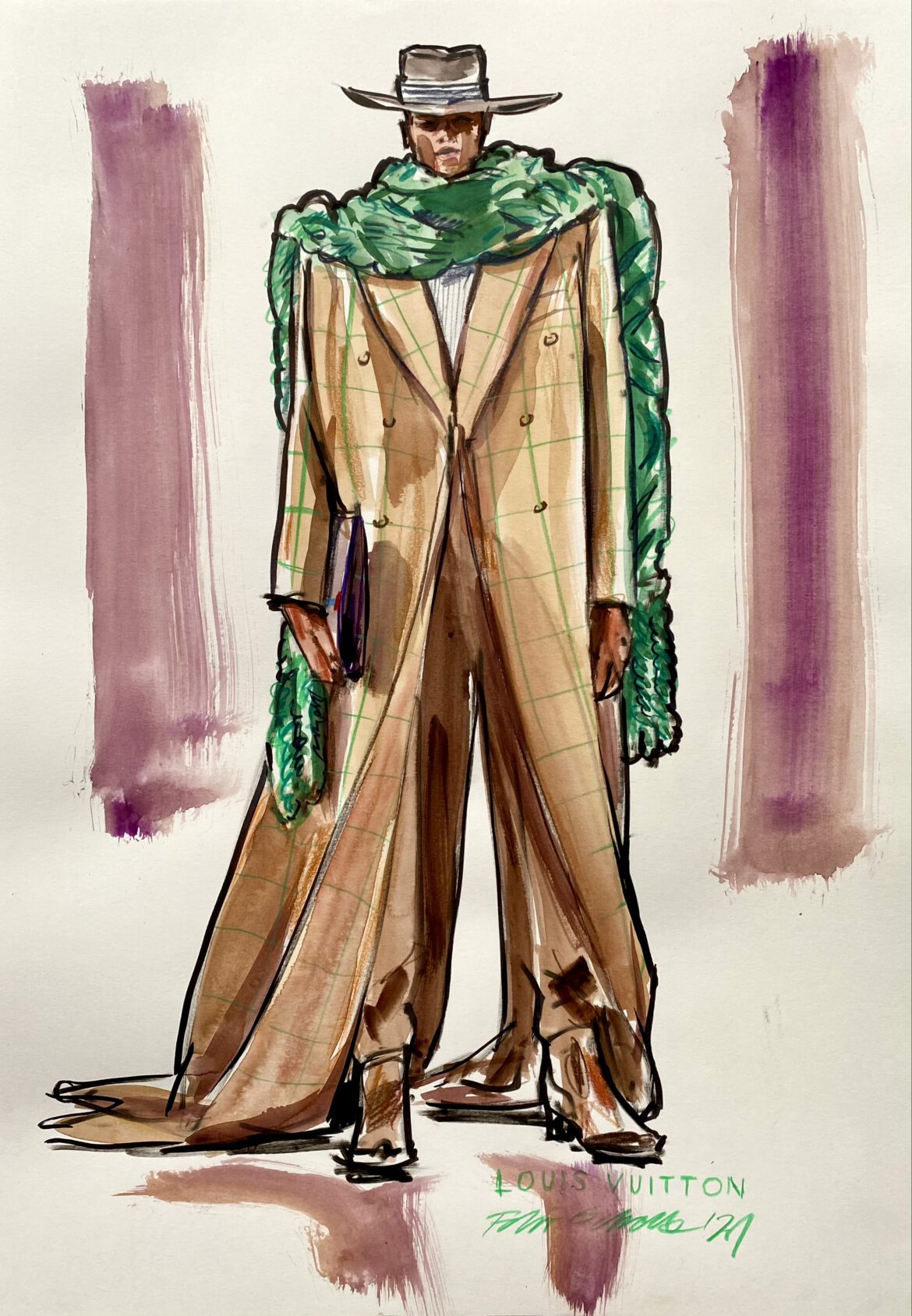 Fashion Illustration of a mal model in a long camel coat and a large green knitted scarf