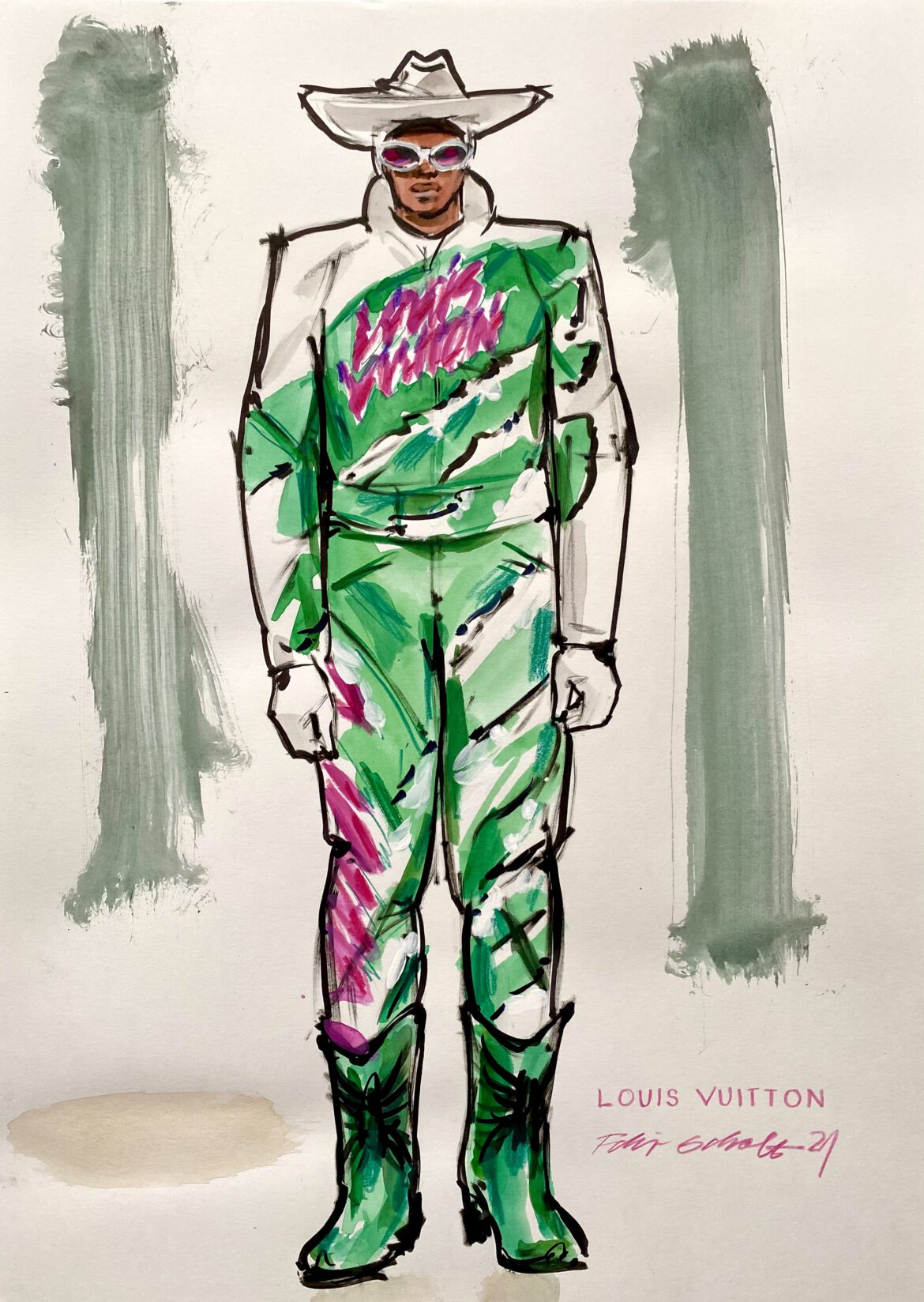 Fashion Illustration of a mal model in a green and pink biker suit