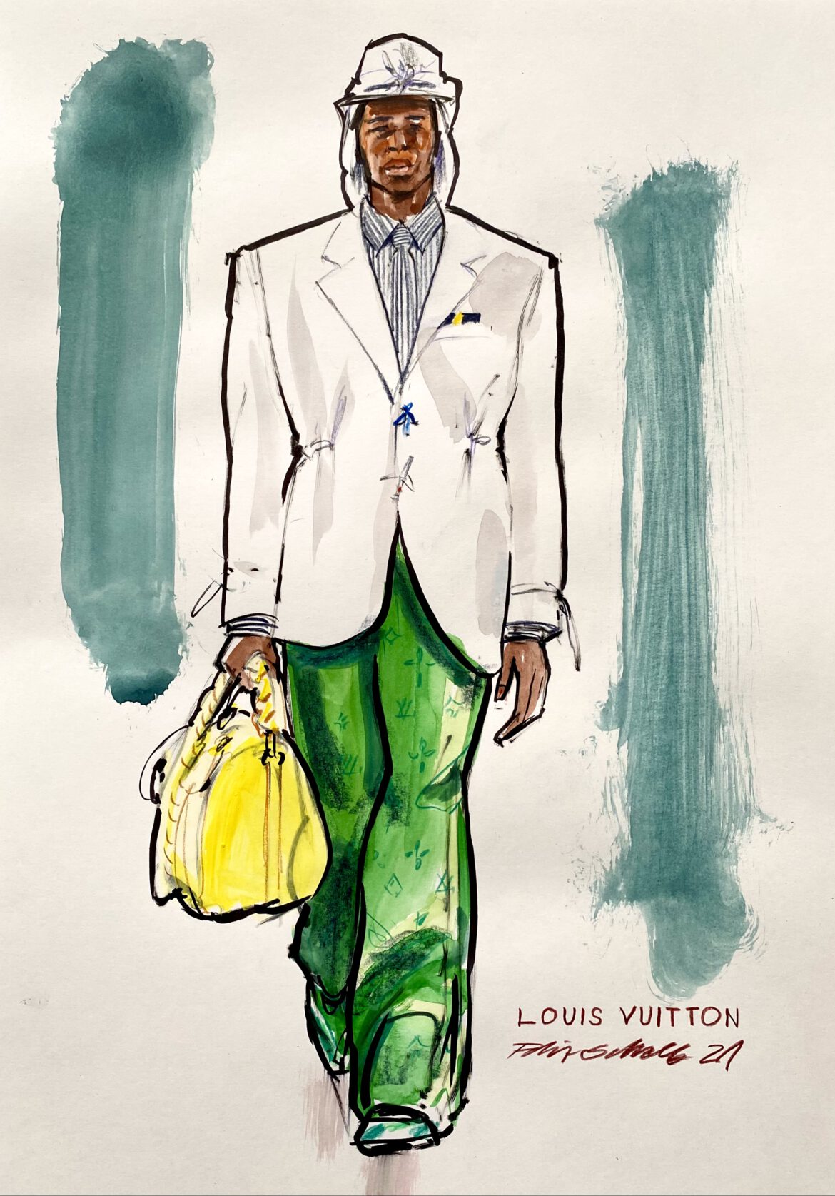 Fashion Illustration of a mal model with green trousers white jacket carrying a yellow bag
