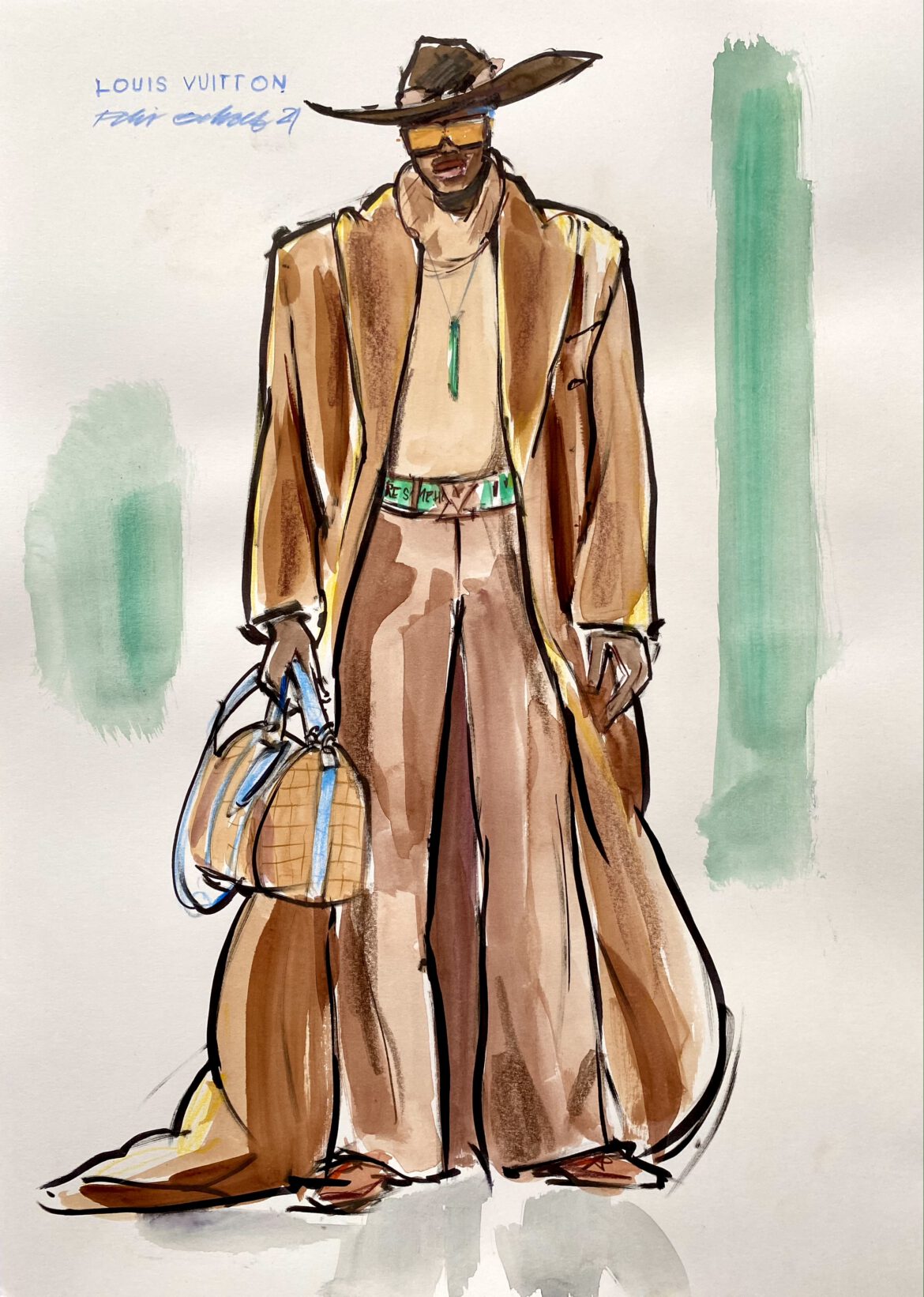 Fashion Illustration of a male model in a long camel coat