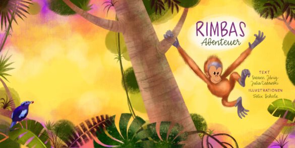 Kinderbuchillustration ein kleiner orang utan klettert im Dschungel Regenwald