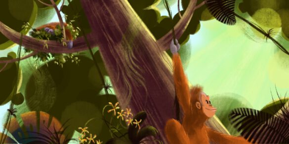 Kinderbuchillustration ein kleiner orang utan klettert im Dschungel Regenwald