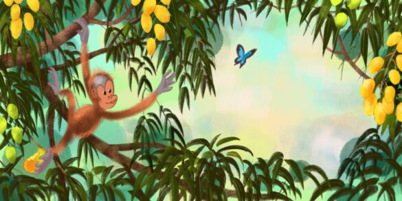 Kinderbuchillustration ein kleiner orang utan klettert im Dschungel Regenwald hinter einem Schmetterling hinterher
