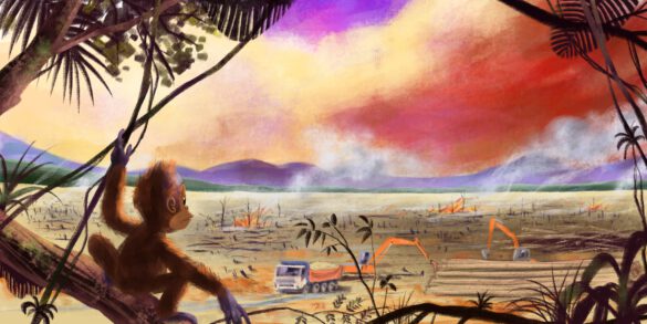 Kinderbuchillustration ein kleiner orang utan blickt aus dem Dschungel auf eine Rodung auf der bagger stehen und bäume brennen