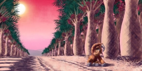 Kinderbuchillustration ein kleiner orang utan sitzt verängstigt auf einer palmölplantage in der sengenden sonne