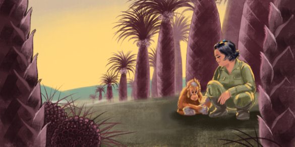 Kinderbuchillustration ein kleiner orang utan wird auf einer Plantage von einer freundlichen Frau versorgt