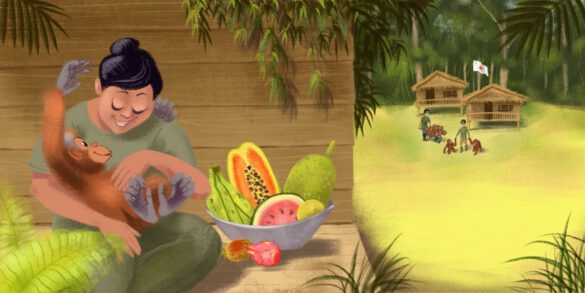 Kinderbuchillustration ein kleiner orang utan wird in einer Rettungsstation von einer freundlichen Frau versorgt