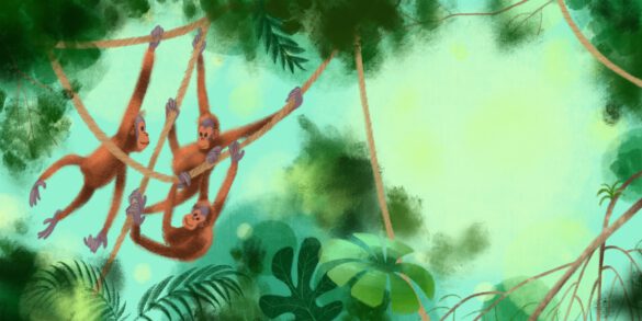 Kinderbuchillustration drei kleine orang utan babies klettern im Dschungel Regenwald