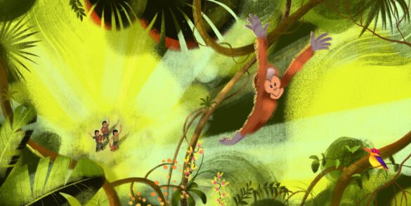 Kinderbuchillustration ein kleiner orang utan springt im Dschungel Regenwald von liane zu liane, im Hintergrund stehen menschen die winken