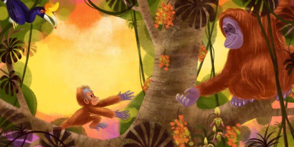 Kinderbuchillustration ein kleiner orang utan klettert im Dschungel Regenwald und läuft auf seine mutter zu