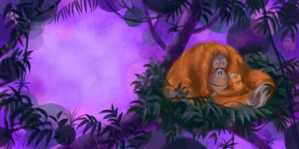Kinderbuchillustration ein kleiner orang utan schläft im Dschungel Regenwald im arm seiner mutter in einem nest