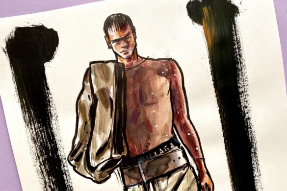 Modeillustration Balenciaga junger Mann mit breitem Gürtel