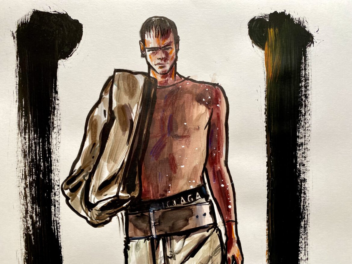 Modeillustration Balenciaga junger Mann mit breitem Gürtel