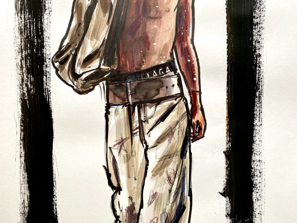 Modeillustration Balenciaga junger Mann mit breitem Gürtel
