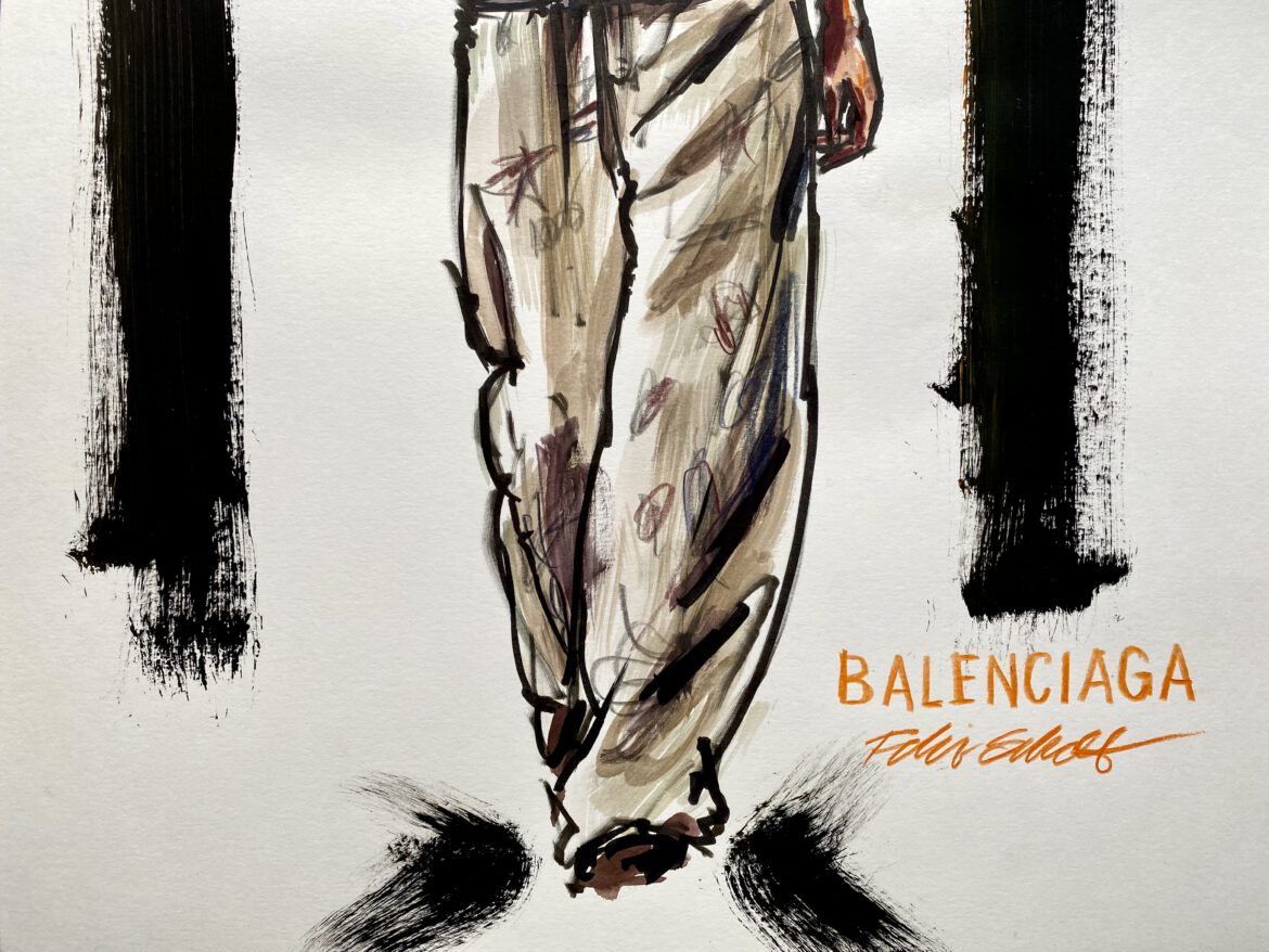 Modeillustration Balenciaga junger Mann in Cargo Hosen