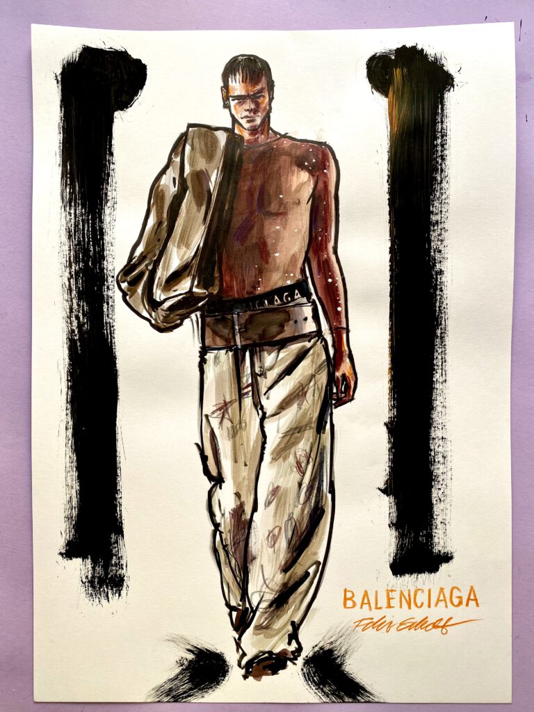 Modeillustration Balenciaga junger Mann mit breitem Gürtel Glitzertop und Cargo Hosen