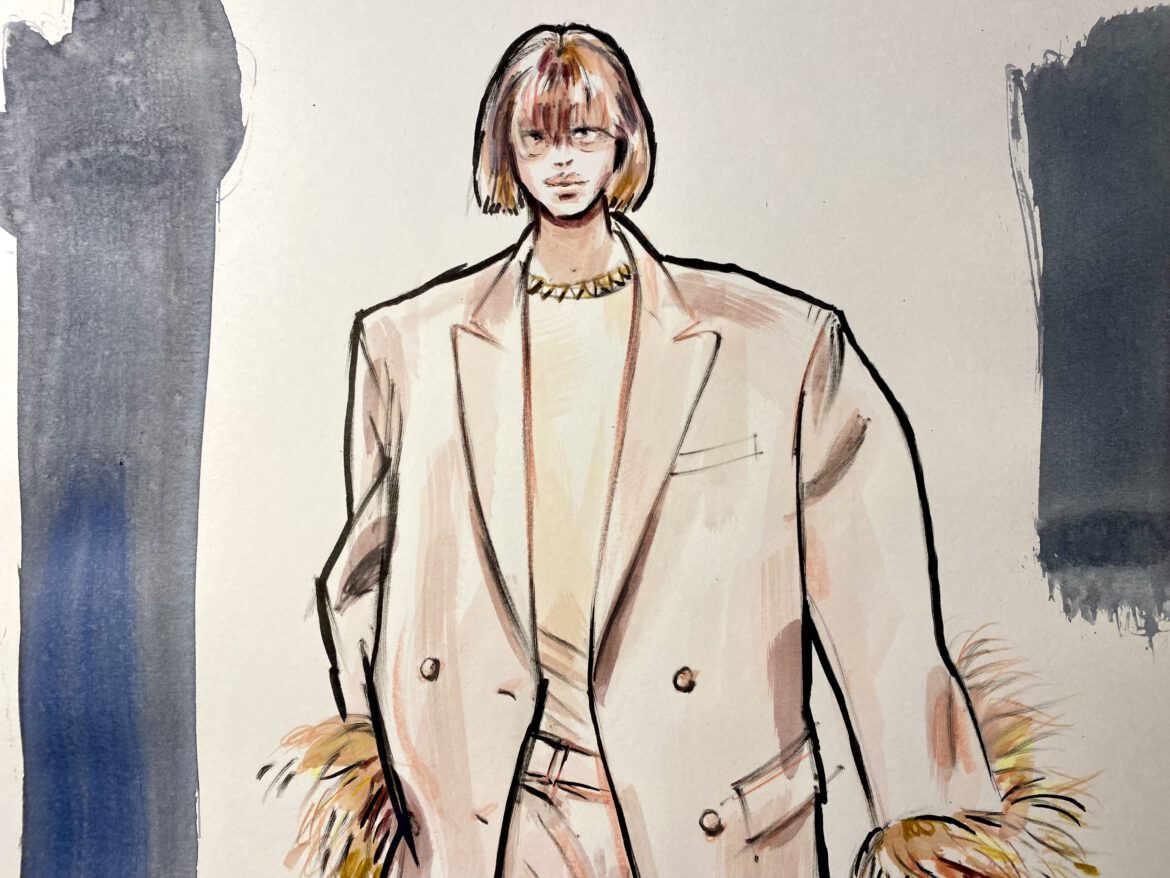 Mode Illustration eines blonden Mädchens in einem mauvefarbenen Anzug