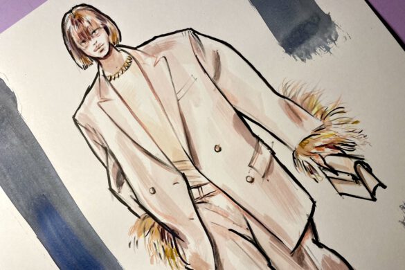 Mode Illustration eines blonden Mädchens in einem mauvefarbenen Anzug