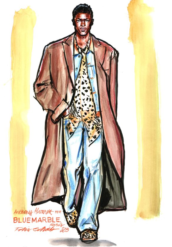 Fashion Illustration Bluemarble Male Model brauner langer Mantel