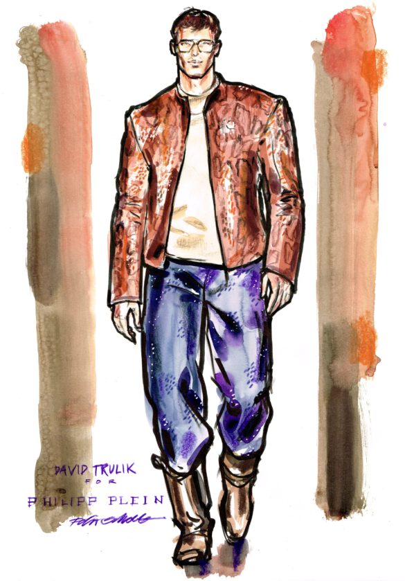 Fashion Illustration Philipp Plein Male Model braune Jacke Schlangenleder