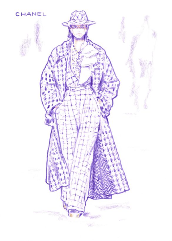 Modeillustration der Schauspielerin Cara Delevingne in einem Outfit von Chanel, Zeichnung in violettem Farbstift