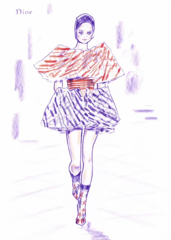 Modeillustration eines Models in einem Taftkleid von Dior