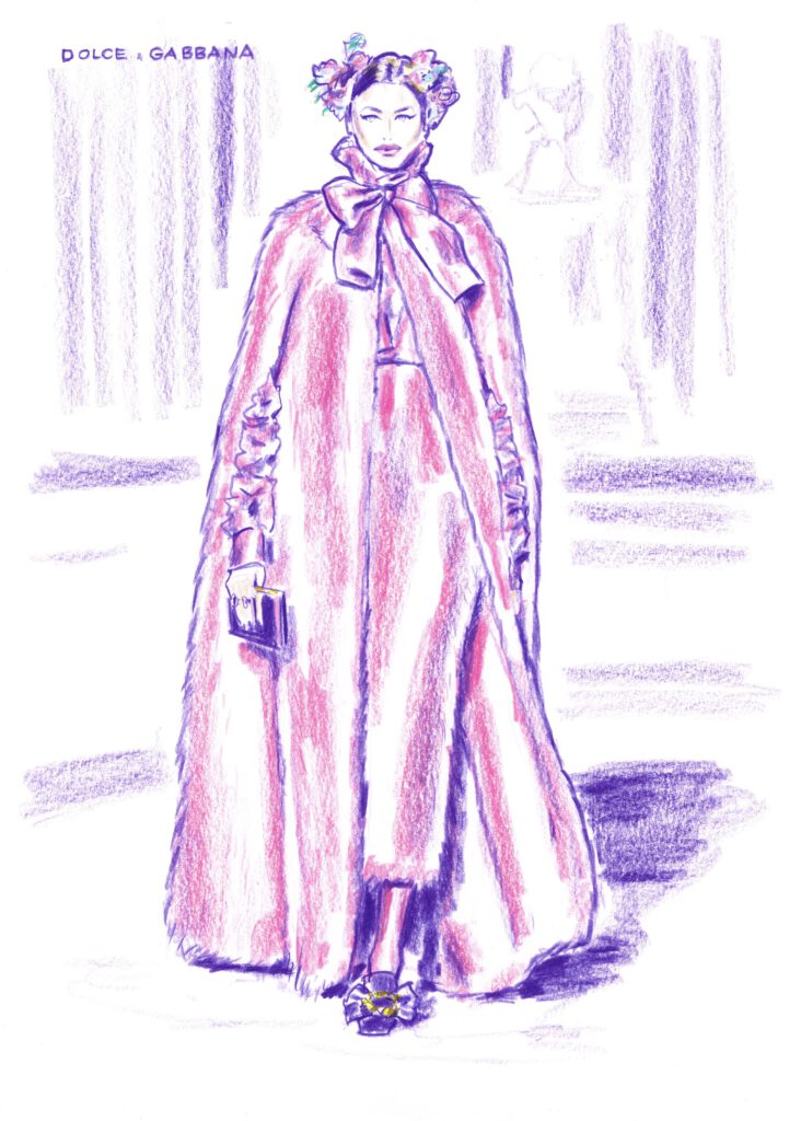 Modeillustration eines Models in einem Rosa Pelz von Dolce und Gabbana