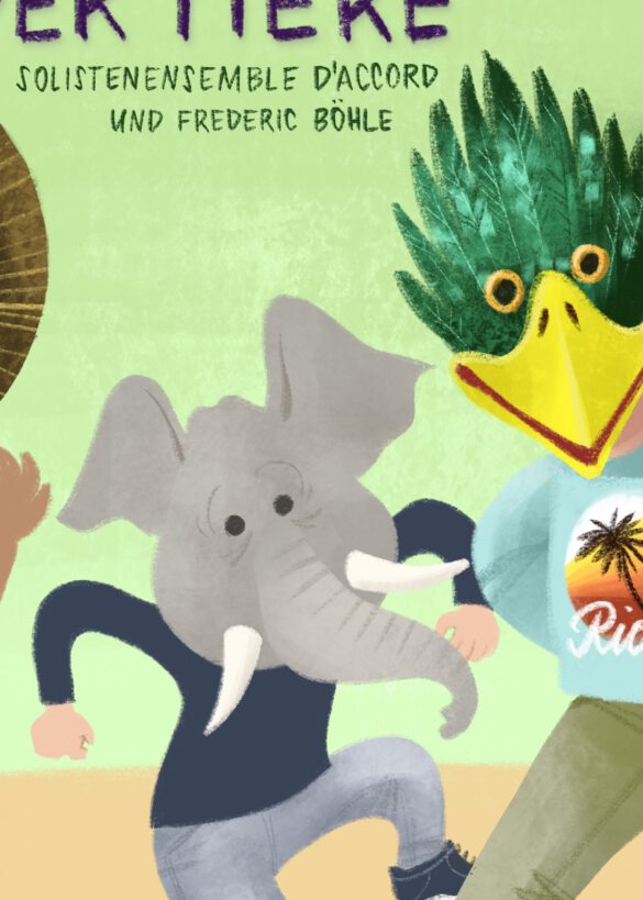 Illustration mit zwei Kindern mit Tiermasken: Elefant und tropischer Vogel