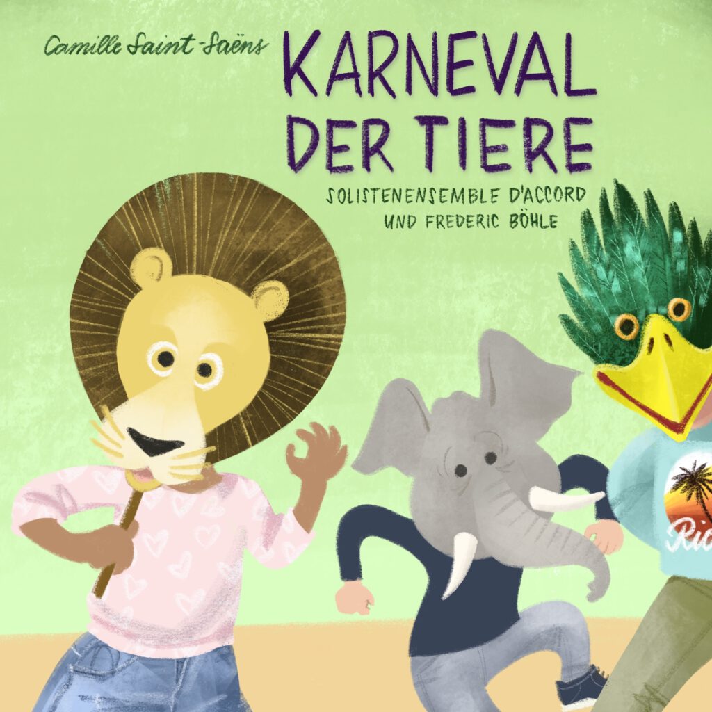 Illustration von drei Kindern mit Tiermasken: Löwe, Elefant und tropischer Vogel