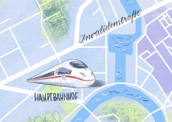 Illustrierter Lageplan Berlins mit einem ICE der Deutschen Bahn
