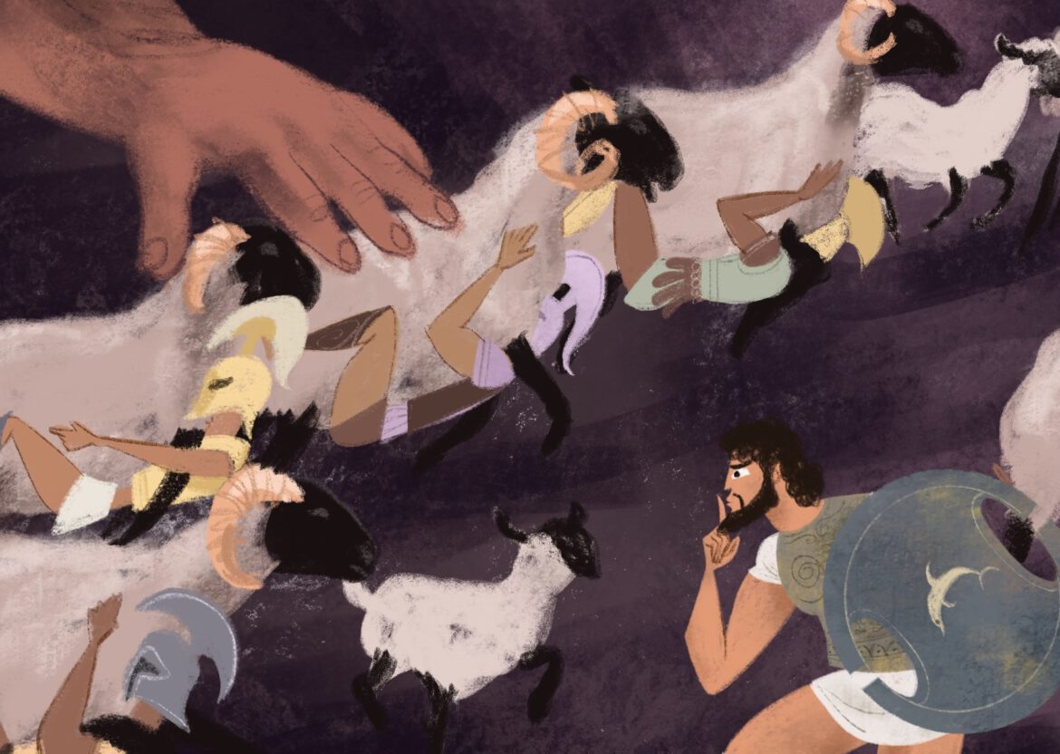 Wissenschaftliche Illustration, Odysseus und seine Gefährten fliehen an Schafe geklammert aus der Höhle des Zyklopen