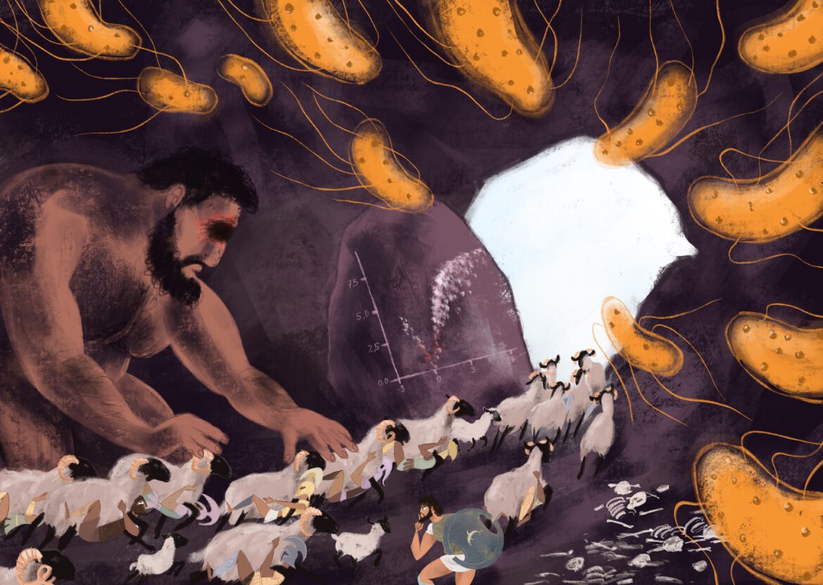 Wissenschaftliche Illustration, Odysseus und seine Gefährten fliehen an Schafe geklammert aus der Höhle des Zyklopen