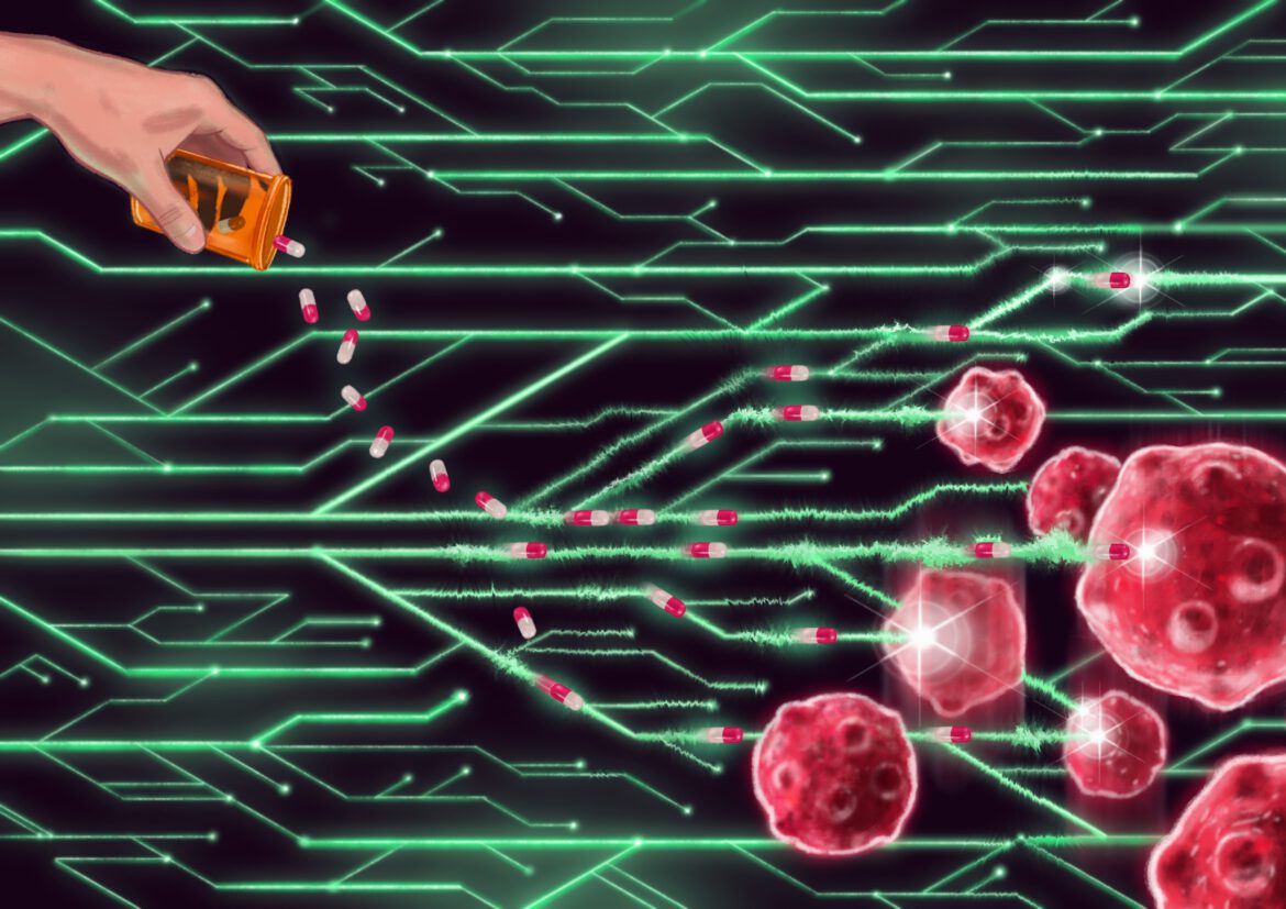 wissenschaftliche Illustration: eine Hand giesst rot-weisse Kapseln in einen Raum, der von einem neongrün leuchtenden Geflecht durchzogen ist. die Kapseln detonieren in Blitzen an roten Zellen aber auch an anderen stellen im Raum