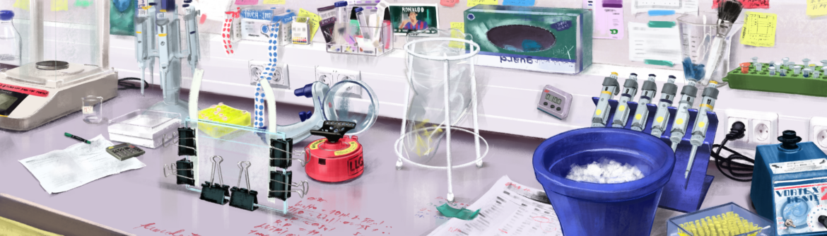 Illustration eines Arbeitstischs in einem wisschenschaftlichen Labor mit vielen Laborutensielien und Geräten am IRI Life Sciences Institute Berlin