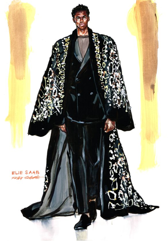 Fashion Illustration Elie Saab black male model in long black velvet coat with golden emproidery