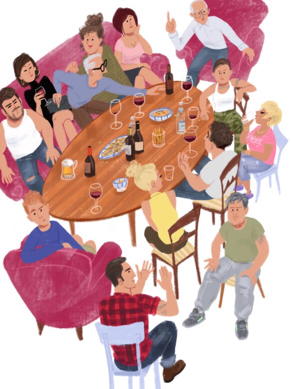 Illustration von Personen in einem Wohnzimmer bei angeregten Gesprächen und Getränken