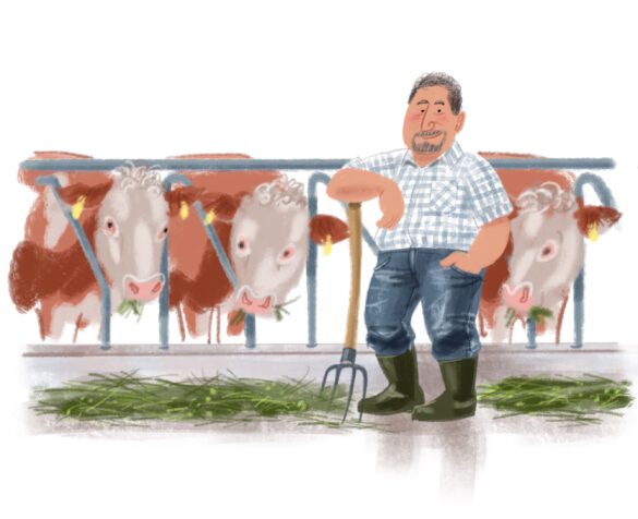 Illustration eines Bauern bei der Arbeit in einem Rinderstall mit freundlichen Kühen die Gras fressen