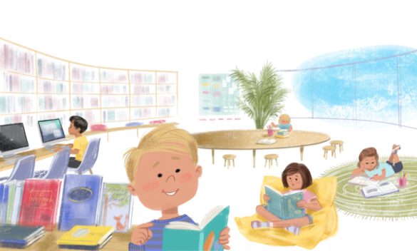 Illustration von Kindern in einer hellen freundlichen und Modernen Schulbibliothek